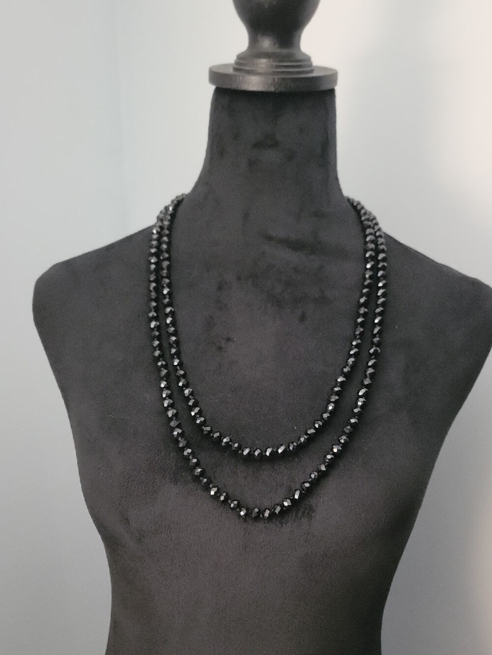 Extra Long Classic Black Faceted Bead Necklace - Women Jewelry - Picture 2 of 2